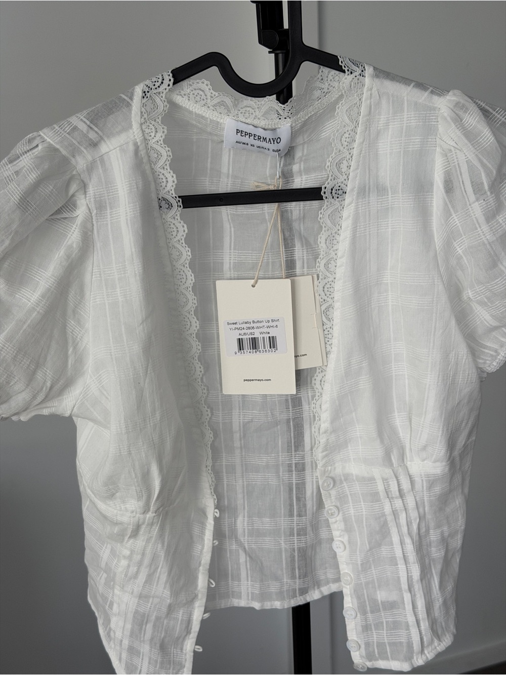 Peppermayo White Puff Sleeve Lace-Trim Button Blouse - Picture 2 of 3